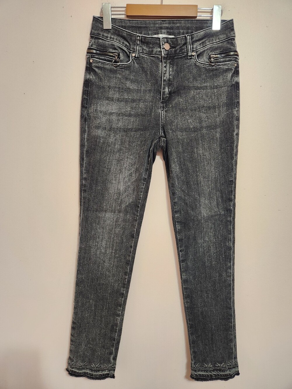 MARBELLA Acid Wash Denim Skinny Jeans Frayed Hem Detail Zippers Y2K Aesthetic 6
